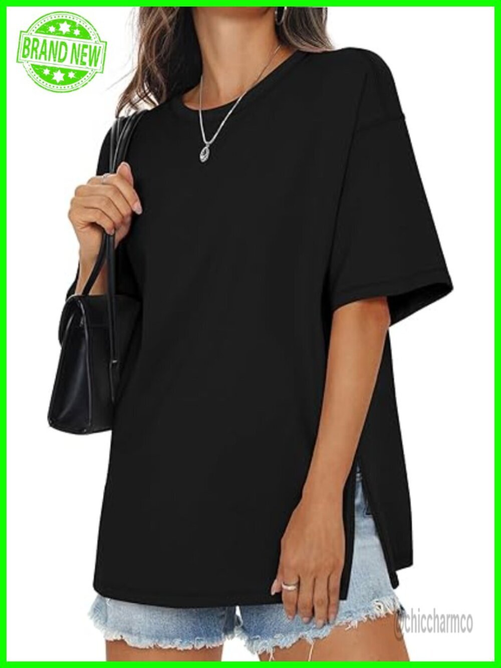 Womens Cotton Oversized T Shirts Side Slit Short Sleeve Crewneck Loose Fit Tee